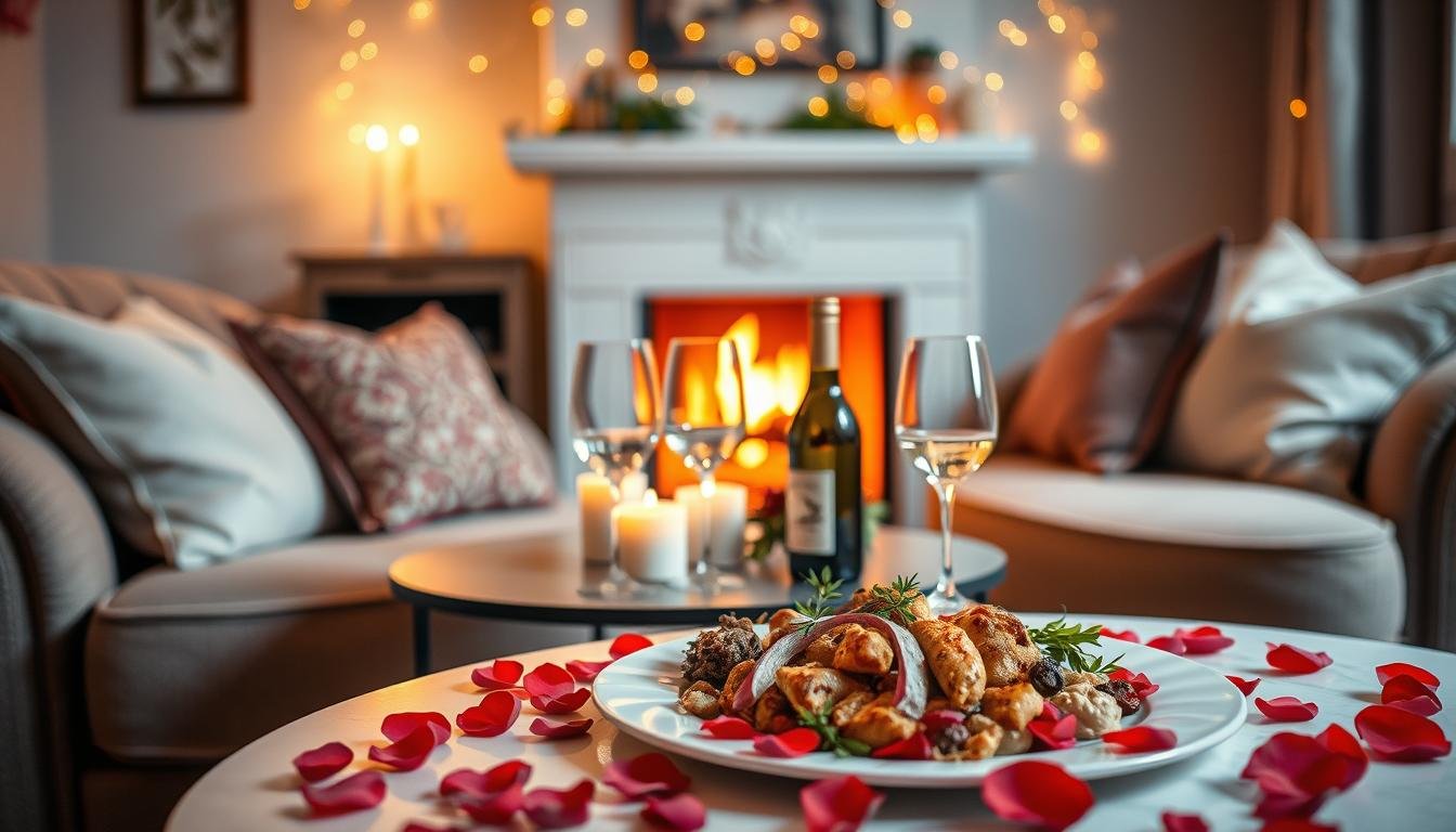 A cozy living room ambiance with soft lighting, a plush sofa adorned with decorative pillows, a small table set with candles, a bottle of wine, and two elegant glasses. In the background, a warm fireplace casts a gentle glow, while fairy lights twinkle overhead. A beautifully arranged plate of gourmet food sits on the table, surrounded by rose petals, creating an intimate and romantic atmosphere.